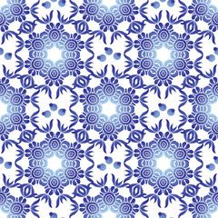 Vector seamless pattern with flowers and leaves in Gzhel Russian style. Folk background for textile, print, clothing, wallpaper, and other design