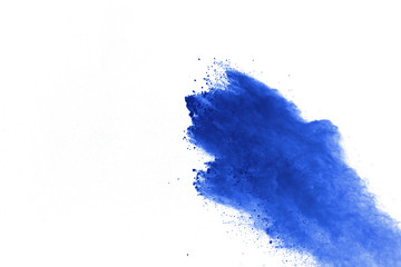 Blue powder explosion on white background. Colored cloud. Color dust explode. Paint Holi.