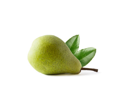 Ripe pear with leaves isolated on a white background. Pear with copy space for text. Green pear close-up. Pear on white background.