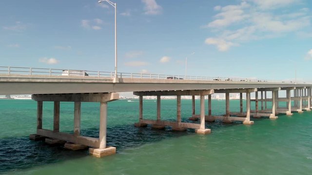 Aerial view of Rickenbacker Causeway in Miami, Florida. Going up to a high viewpoint