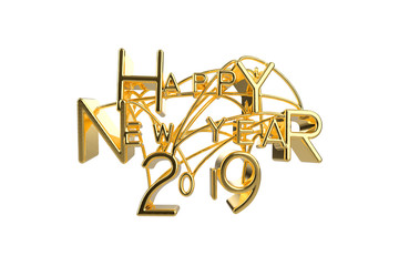 Happy New Year 2019 Christmas elegant golden lettering word with letters bound by strings isolated on white background. Holyday 3D illustration