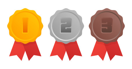 Gold, silver, bronze medal. 1st, 2nd and 3rd places. Trophy with red ribbon. Flat style vector illustration