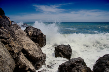 Restless Black Sea and blue sky. Gurzuf, Crimea