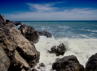 Fototapeta na wymiar Restless Black Sea and blue sky. Gurzuf, Crimea