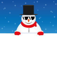 happy cute snowman with sunglasses on blue snowy background vector illustration EPS10