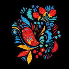 Bright embroidery with flowers, berrias and bird. Tshirt or tote bag ethnic fashion design