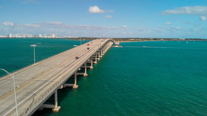 Aerial view of traffic along Rickenbacker Causeway, Miami - Florida