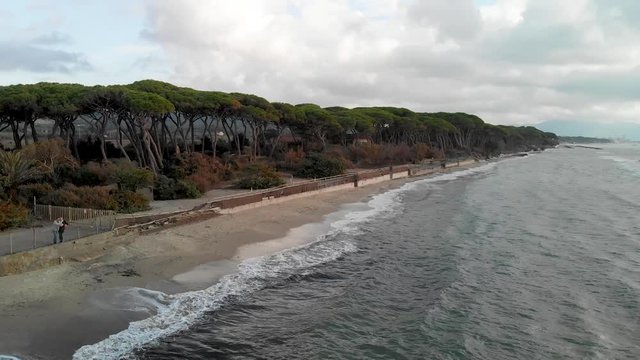 Panoramic aerial view of Torre Mozza coastline and Tower along the sea after a storm