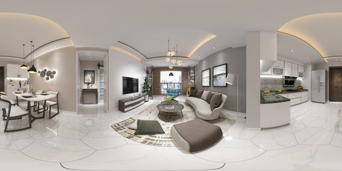 360 Degrees Home Interior, Rendering 3D.