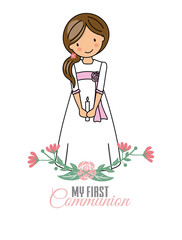 my first communion girl. Pretty little girl with communion dress and flowers
