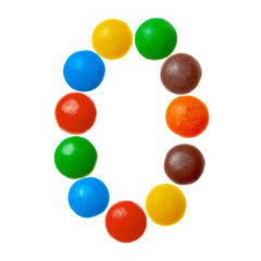Number 0 zero of sweet colored candies, alphabet isolated on white background