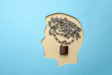 Profile of man with brain in the form of chain and a closed lock. Privacy Policy
