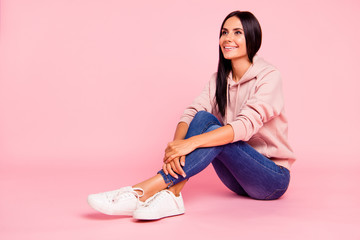 Full legs body size portrait of carefree lady with her brunet ha