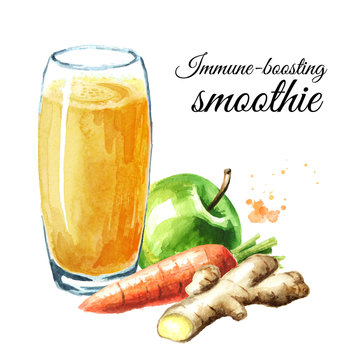Immune-boosting smoothie with Apple, carrot and ginger. Watercolor hand drawn illustration isolated on white background
