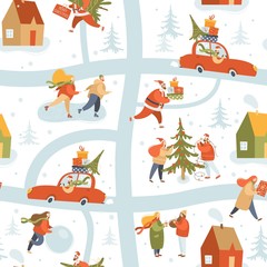Vector winter seamless pattern with people in winter clothes. Outdoor activities. Bustle on city streets before Christmas holidays. Wrapping paper, wallpaper, textile.