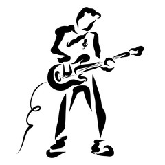 young modern man playing an electric guitar, black pattern