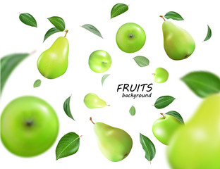 Vector falling green apples and pears isolated on white background. The fruit as a whole. Realistic objects, 3D