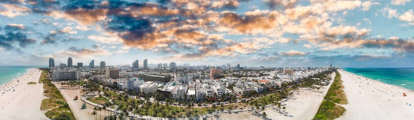 Aerial sunset panoramic view of Miami South Beach, Florida from drone