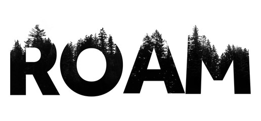 Roam word made from outdoor wilderness treetop lettering