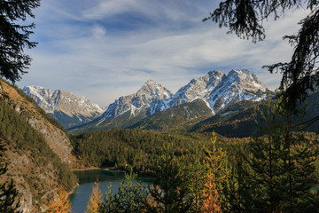 Panoramic view of Mieminger mountains in the European Alps with Blindsee lake.