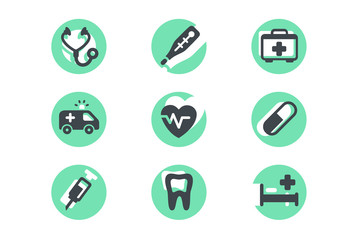 Fototapeta premium Set icons with medical selection, supplies, pills.