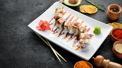 Sushi roll with tuna and caviar. Japanese cuisine. Top view.