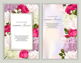 Vector banners set with roses, hydrangea and tulips flowers.Template for greeting cards, wedding decorations, invitation ,sales, packaging. Spring or summer design. Place for text.