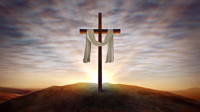 Christian Cross with Waving White Cloth at Sunset, Center