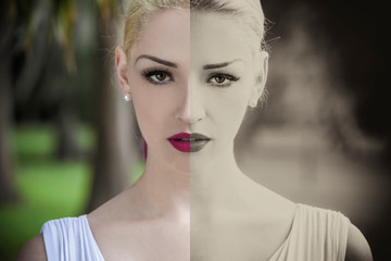 Color and Black and White Split Screen Picture Beautiful Blond Woman in White Dress