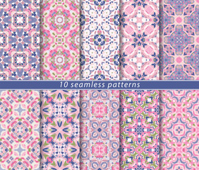 Vector set of ten seamless abstract patterns in shades of blue and pink. Decorative and design elements for textile, book covers, manufacturing, wallpapers, print, gift wrap.