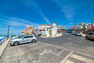 Nazare, Portugal - June 6, 2016:  a view of one of the most  beautiful city in Portugal - Nazare. Shops and restaurant in background