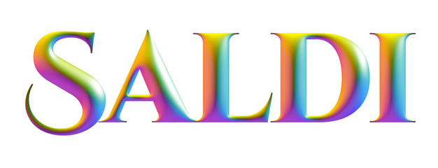 saldi, sale, multicolored embossed letters, 3d alphabet, illustration