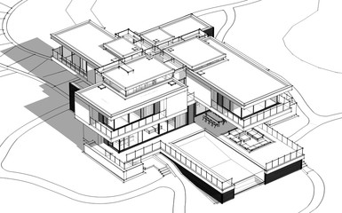 3d rendering sketch of modern cozy house by the river with garage for sale or rent. Black line sketch with soft light shadows on white background