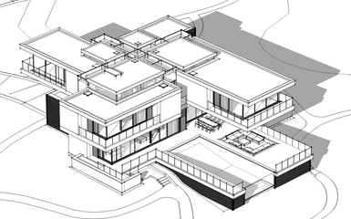 3d rendering sketch of modern cozy house by the river with garage for sale or rent. Black line sketch with soft light shadows on white background