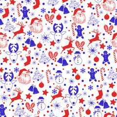 Christmas seamless blue and red pattern on white background with deer, snowman, candy, sock, star, snowflake holiday icons, New Year celebration elements. Design for fashion print, wrapping