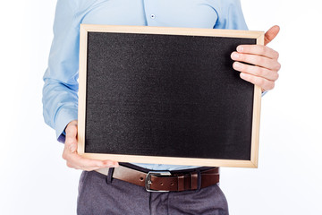 man holding black board with space for text on white background.