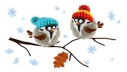 Two funny fluffy sparrows in colored hats. Hand drawn watercolor - 233546507