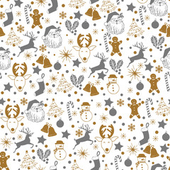 Christmas seamless gray and gold pattern on white background with deer, snowman, candy, sock, star, snowflake holiday icons, New Year celebration elements. Design for fashion print, wrapping