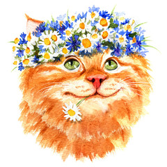 Dreamy cat in a wreath of wild flowers. Hand drawn watercolor - 233546547