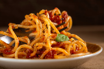 Italian pasta food with tomato sauce on the plate