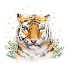 Merry Christmas watercolor lettering with isolated cute cartoon watercolor fun Siberian tiger illustration. Hand drawing new year holiday greeting card.