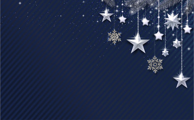 Blue festive background with shiny silver Christmas decorations. - 233547398