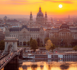 Budapest, Hungary - Chain Bridge, Budapest city sunrise 