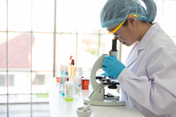 Fototapeta premium Asian female scientist working with microscopes at laboratory