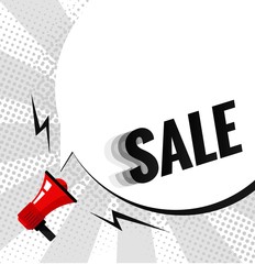 Sale poster with megaphone in pop art style. Vector illustration.