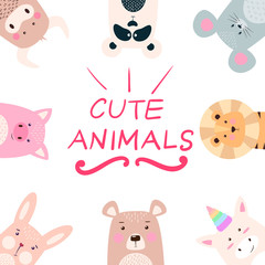 Obraz premium Set animals - panda, rhino, lion, bear, rabbit, unicorn, pig, mouse, cow.