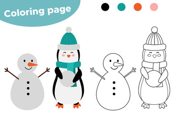 Coloring page for kids. Cute cartoon penguin with snowman. Arctic animals. Vector illustration