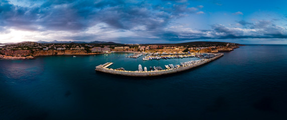 Aerial view, luxury marina Port Adriano, El Toro, Spain, Balearic Islands, Mallorca - obrazy, fototapety, plakaty