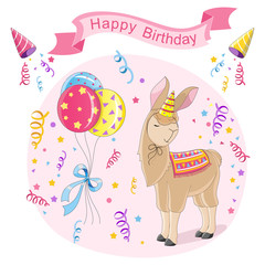 Illustration of a happy birthday. Llama with balloons and confetti