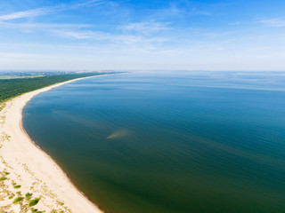 Aerial view of beach by the blue Baltic sea, near Vistula river mouth